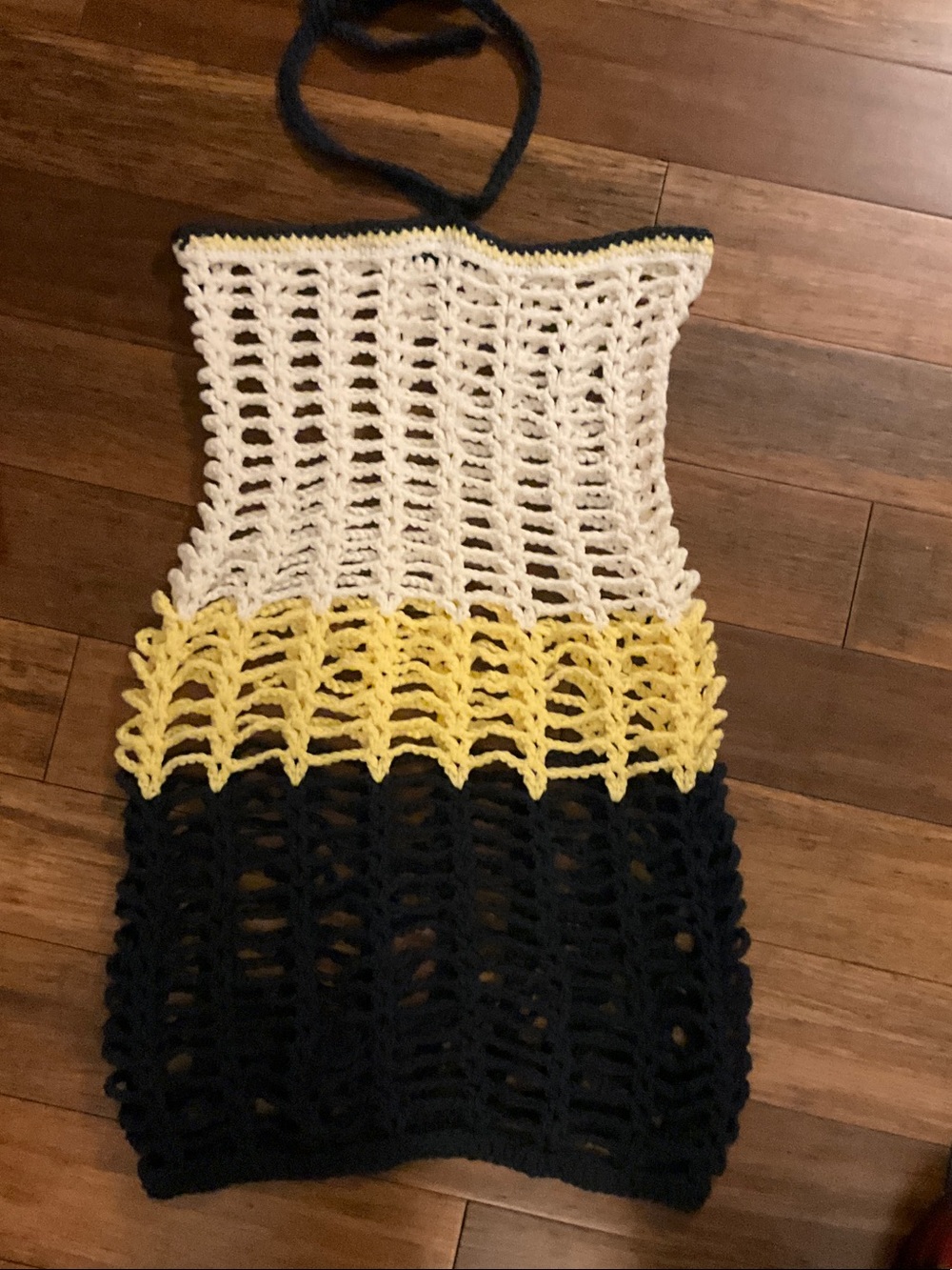 Handmade Crochet Colorblock Halter Mini Dress in White, Yellow & Black size XS/S